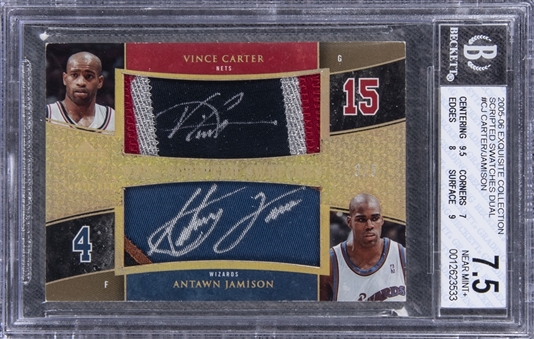 2005-06 UD "Exquisite Collection" Scripted Swatches Dual #CJ Vince Carter/Antawn Jamison Dual Signed Game Used Patch Card (#3/5) - BGS NM+ 7.5/BGS 9